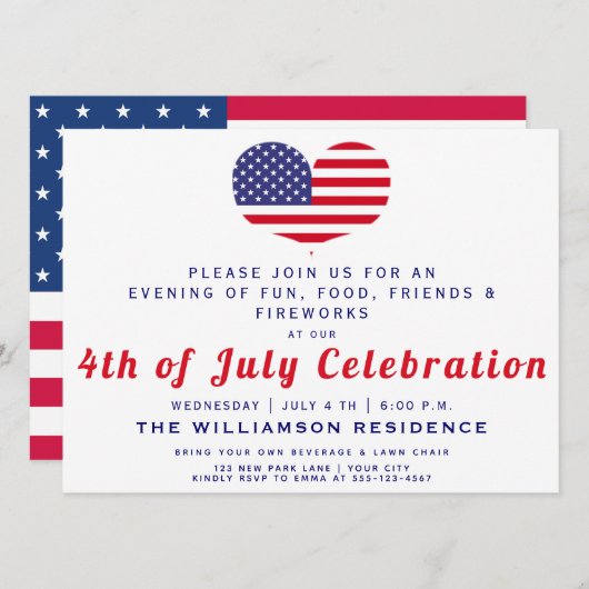 ハート型アメリカ国旗 | 7月4日 招待状 (正面/裏面)