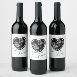 ハート型カスタムフォト結婚の白黒 ワインラベル