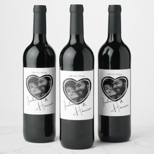 ハート型カスタムフォト結婚の白黒 ワインラベル (ボトル)