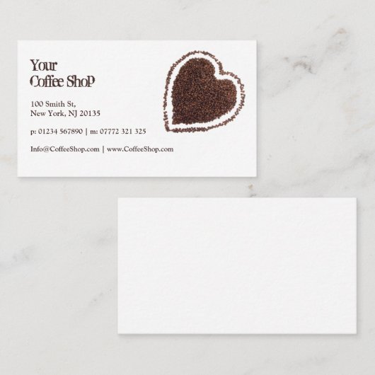 ハート型コーヒー豆の写真、ホワイトビジネスカード 名刺 (正面/裏面)