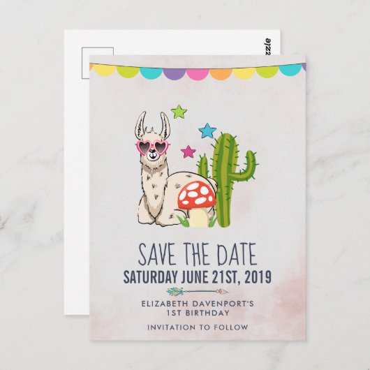 ハート型サングラスをかけたクールなラマのSave the Date ポストカード (正面/裏面)
