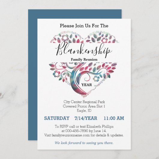 ハート型ツリーファミリー懇親会テンプレート 招待状 (正面/裏面)