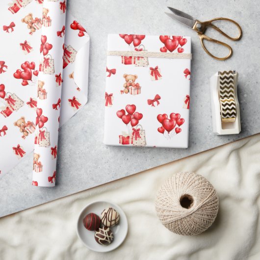 ハート型バルーンつきキュートバレンタインデー ラッピングペーパー (クラフト)