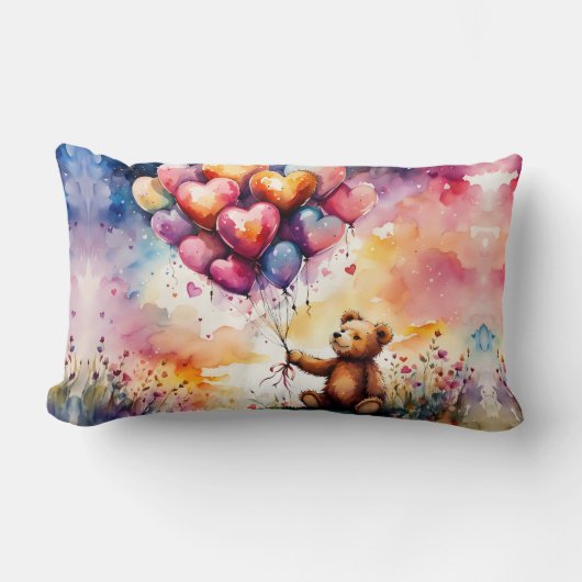 ハート型バルーン付きテディベア ランバークッション (正面)