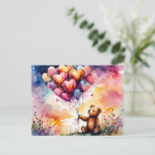 ハート型バルーン付きバレンタインのテディベア ポストカード (スタンド正面)