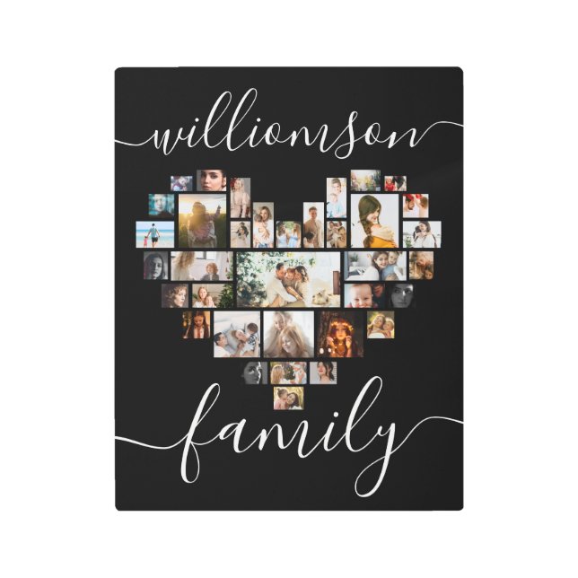 ハート型フォトコラージュ家族のカリグラフィ メタルプリント (正面)