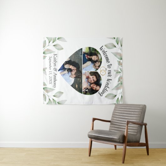 ハート型フォトコラージュ結婚の歓迎 タペストリー (インサイチュ(横))