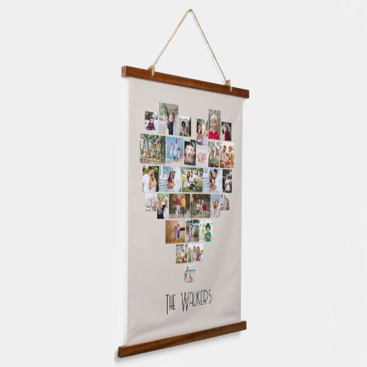 ハート型フォトコラージュ29写真ファミリー名 吊り下げ型タペストリー (傾斜あり)