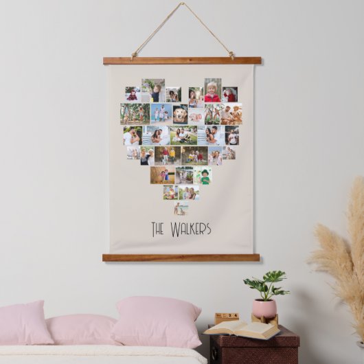 ハート型フォトコラージュ29写真ファミリー名 吊り下げ型タペストリー (寝室)