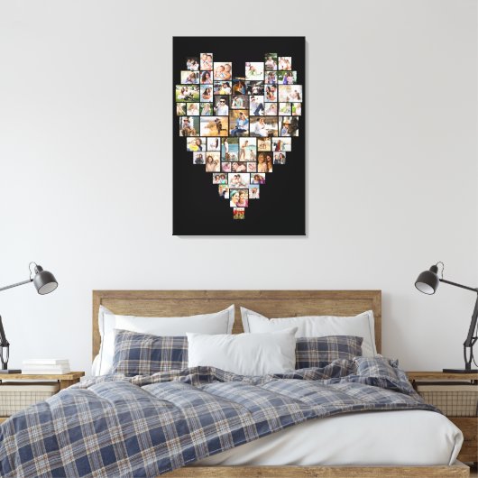 ハート型フォトコラージュ51写真ブラック キャンバスプリント (インサイチュ (寝室))