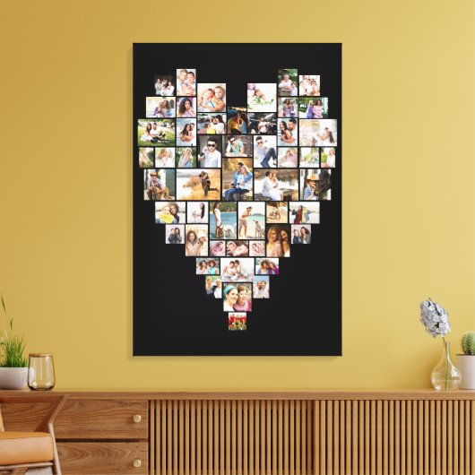 ハート型フォトコラージュ51写真ブラック キャンバスプリント (インサイチュ (リビング))