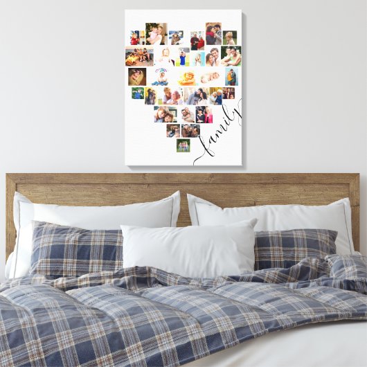 ハート型フォトコラージュ ファミリースクリプト ホワイト キャンバスプリント (インサイチュ (寝室))
