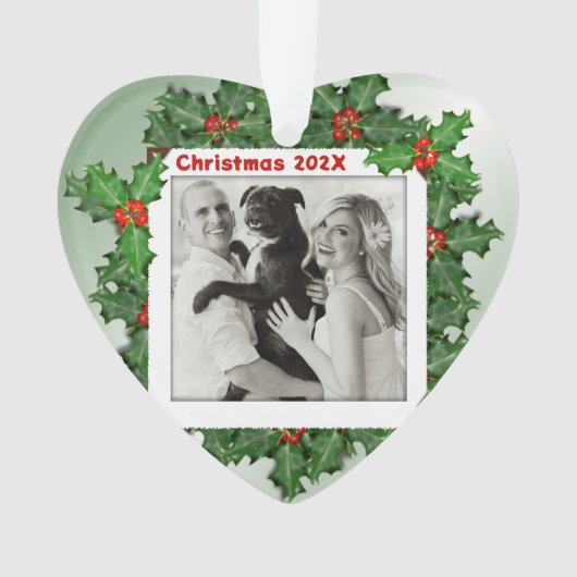 ハート型フォト初めてのクリスマスホリー葉ズ オーナメント (正面)