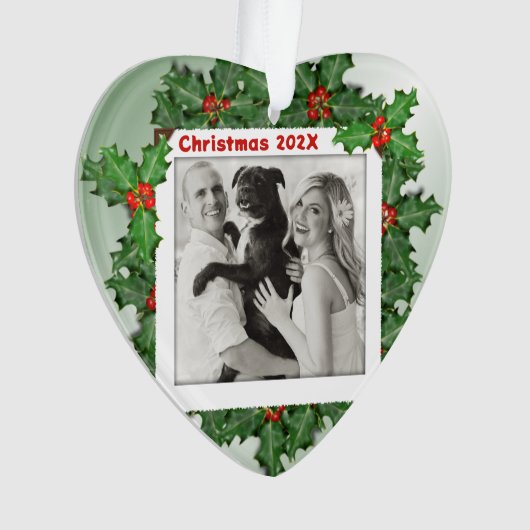 ハート型フォト初めてのクリスマスホリー葉ズ オーナメント (正面)