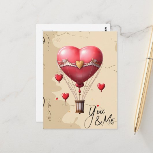 ハート型ホットエアバルーンロマンチックバレンタイン ポストカード (正面/裏面インサイチュ)