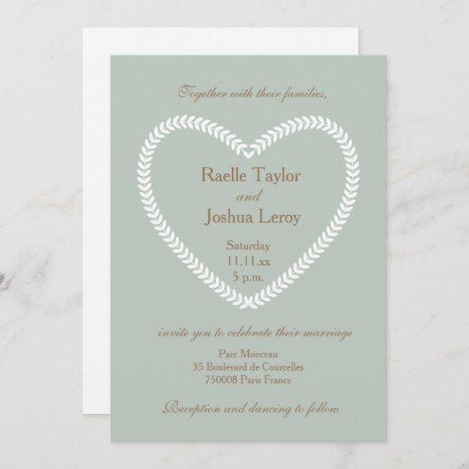 ハート型ホワイトセージ金ゴールド結婚式招待状 招待状 (正面/裏面)