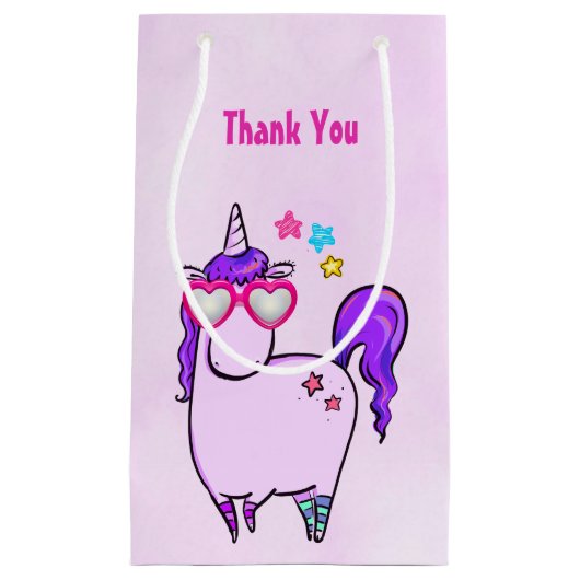 ハート型メガネのかわいいユニコーンありがとう スモールペーパーバッグ (正面)