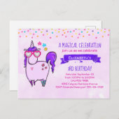 ハート型メガネのかわいいユニコーン誕生日 インビテーションポストカード (正面/裏面)