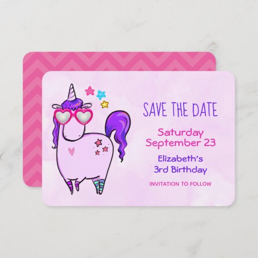 ハート型メガネのかわいいユニコーン誕生日 セーブザデート (正面/裏面)