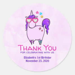 ハート型メガネのかわいいユニコーン誕生日 ラウンドシール