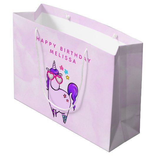 ハート型メガネのかわいいユニコーン誕生日 ラージペーパーバッグ (裏面アングル)