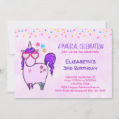ハート型メガネのかわいいユニコーン誕生日 招待状 (正面)