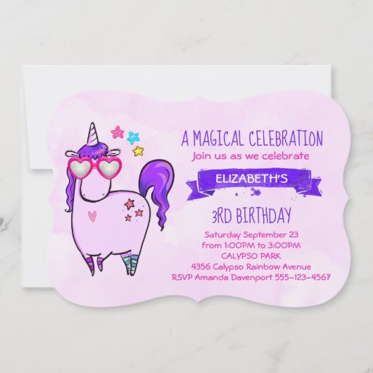 ハート型メガネのかわいいユニコーン誕生日 招待状 (正面)
