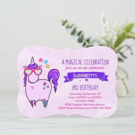 ハート型メガネのかわいいユニコーン誕生日 招待状 (スタンド正面)