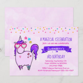 ハート型メガネのかわいいユニコーン誕生日 招待状