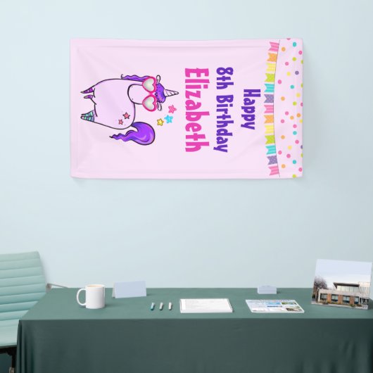 ハート型メガネのかわいいユニコーン誕生日 横断幕 (トレードショー)