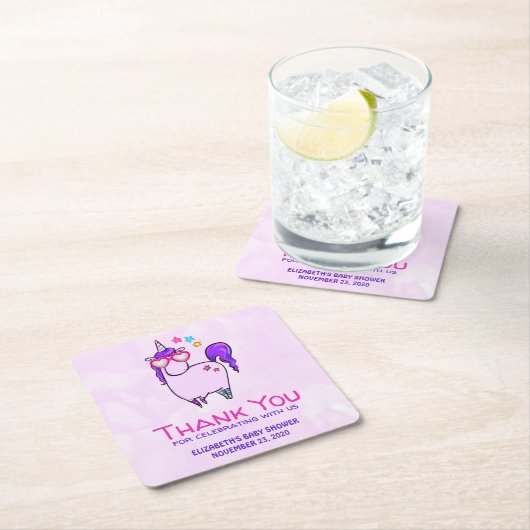 ハート型メガネのかわいいユニコーン赤ちゃんシャワー スクエアペーパーコースター (インサイチュ)