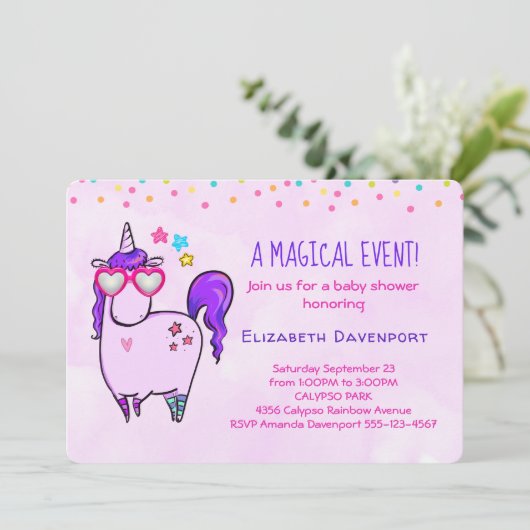 ハート型メガネのかわいいユニコーン赤ちゃんシャワー 招待状 (スタンド正面)