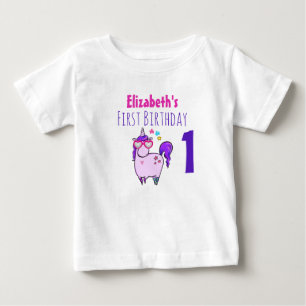 ハート型メガネのユニコーン 1歳の誕生日 ベビーTシャツ