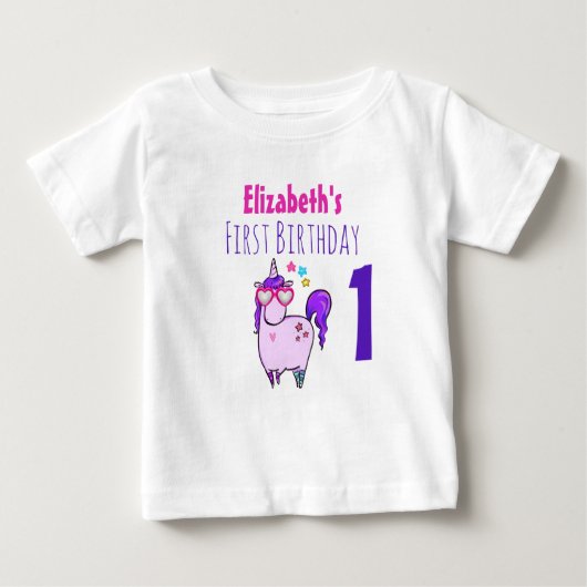 ハート型メガネのユニコーン 1歳の誕生日 ベビーTシャツ (正面)