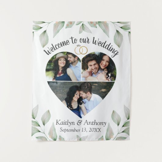 ハート型写真コラージュ ウェディング ウェルカム タペストリー (正面)