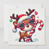 ハート型眼鏡とキャンディーケーンのダンスをするトナカイ シーズンカード (正面)
