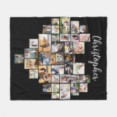 ハート型36フォトコラージスクリプト名ブラック フリースブランケット (正面(横))