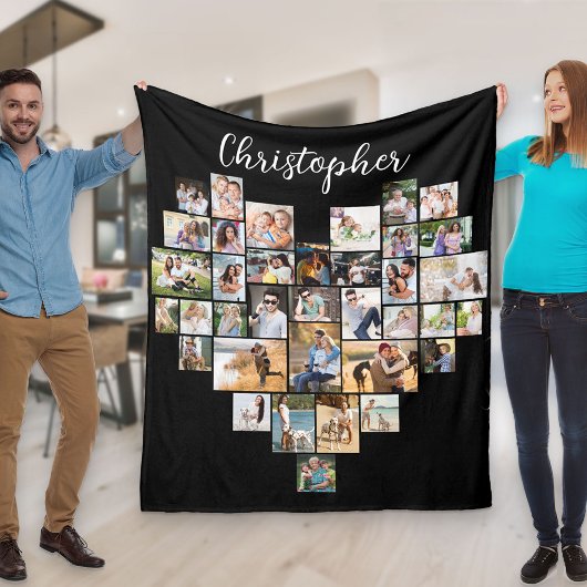 ハート型36フォトコラージスクリプト名ブラック フリースブランケット