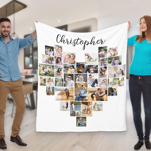 ハート型36フォトコラージュのスクリプト名ホワイト フリースブランケット