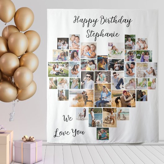ハート型36枚の写真コラージュお誕生日おめでとう タペストリー