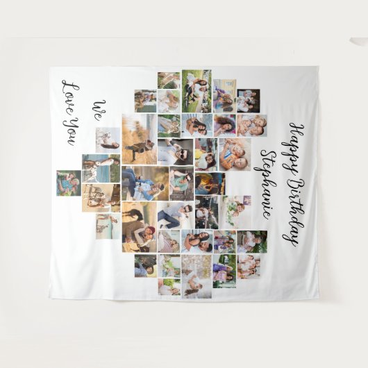 ハート型36枚の写真コラージュお誕生日おめでとう タペストリー (正面(横))