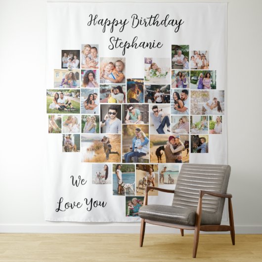 ハート型36枚の写真コラージュお誕生日おめでとう タペストリー (インサイチュ)