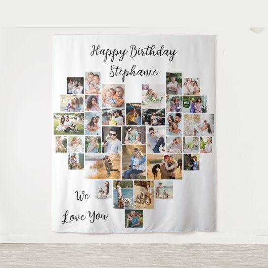 ハート型36枚の写真コラージュお誕生日おめでとう タペストリー (正面)