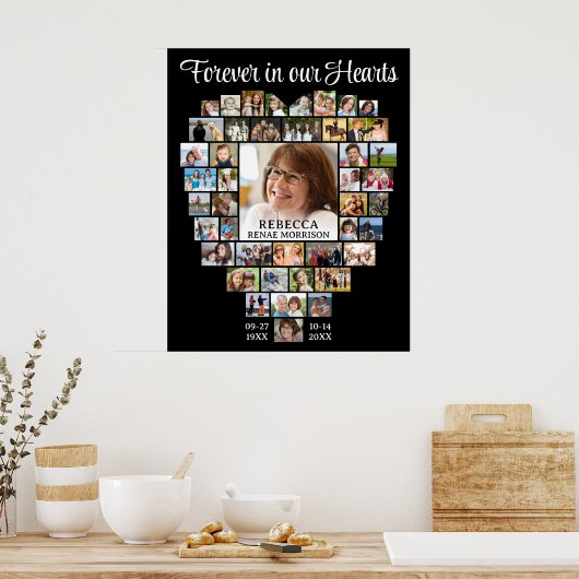 ハート型45枚写真コラージュ葬儀追悼記念 ポスター (キッチン)