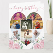 ハート型9フォトコラージピンク牡丹誕生日 カード (正面)