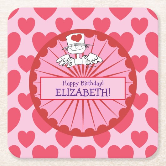 「ハート妖精」©誕生日カスタマイズ スクエアペーパーコースター (正面)