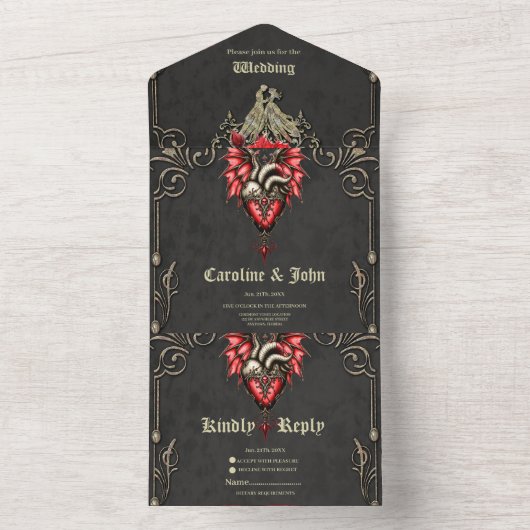 ハート威厳のある，ゴシック様式の恋愛 オールインワン招待状 (内側)