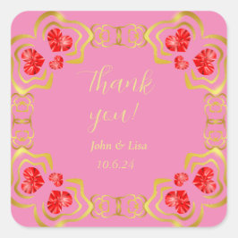 ハート宝石飾り枠ありがとうご結婚ざうステッカー スクエアシール
