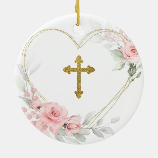 ハート幾何学的赤面ピンクフローラゴッドマザー セラミックオーナメント (裏面)