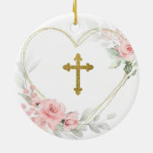 ハート幾何学的赤面ピンクフローラ洗礼 セラミックオーナメント (裏面)